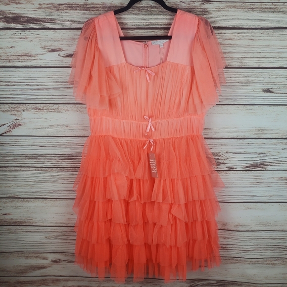 NWT Ivy City Co Womens XL La Ti Do Coral Ombre Tiered Tulle Dress Flutter Sleeve - Picture 3 of 11